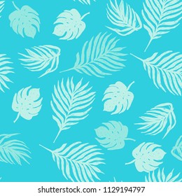 Palm Leaves Seamless Pattern with Blue Background. Illustration for Surface , Invitation , Notebook, Banner , Wrap Paper ,Textiles, Cover, Magazine,Fabric 