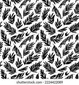 Palm leaves seamless pattern. Brush drawn palm branches silhouettes ornament. Sketch style tropical leaves drawn by brush. Abstract plant motif. Modern monochrome ornament. Vector botanical pattern.