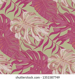 Palm Leaves. Seamless Pattern with Leaves of exotic Trees. Retro Texture for, Paper, Shirt, Fabric. Bright Leaves of Palm Tree.
