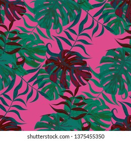 Palm Leaves. Seamless Pattern with Leaves of exotic Trees. Trendy Texture for, Paper, Underwear, Swimwear. Bright Leaves of Palm Tree.