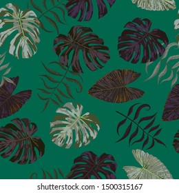 Palm Leaves. Seamless Pattern with Leaves of exotic Trees. Modern Texture for, Dress, Underwear, Swimwear. Bright Leaves of Palm Tree.