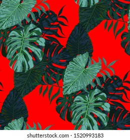 Palm Leaves. Seamless Pattern with Leaves of exotic Trees. Retro Texture for, Tablecloth, Swimwear, Shirt. Bright Leaves of Palm Tree.