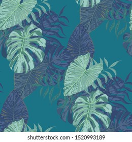 Palm Leaves. Seamless Pattern with Leaves of exotic Trees. Trendy Texture for, Dress, Swimwear, Curtain. Bright Leaves of Palm Tree.