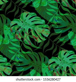 Palm Leaves. Seamless Pattern with Leaves of exotic Trees. Vintage Texture for, Tablecloth, Shirt, Underwear. Bright Leaves of Palm Tree.