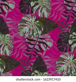 Palm Leaves. Seamless Pattern with Leaves of exotic Trees. Vintage Texture for, Wallpaper, Dress, Paper. Bright Leaves of Palm Tree.
