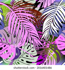 Palm leaves seamless pattern. Exotic tropical plants background. Repeat colorful leafy backdrop. Floral beautiful modern ornaments. Glowing bright design. Vector ornamental illustration. Wallpaper.