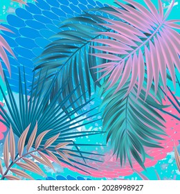 Palm leaves seamless pattern. Exotic tropical plants background. Repeat colorful leafy backdrop. Floral modern ornament. Beautiful design in blue pink colors. Vector ornamental illustration. Wallpaper