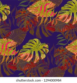 Palm Leaves. Seamless Pattern with Leaves of jungle Trees. Retro Texture for, Paper, Wallpaper, Tablecloth. Bright Leaves of Palm Tree.