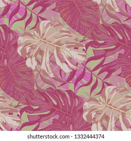 Palm Leaves. Seamless Pattern with Leaves of jungle Trees. Modern Texture for, Shirt, Swimwear, Tablecloth. Bright Leaves of Palm Tree.