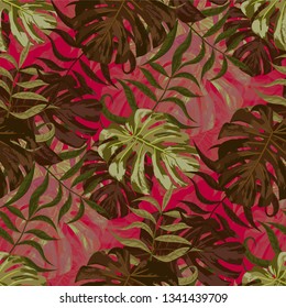 Palm Leaves. Seamless Pattern with Leaves of jungle Trees. Modern Texture for, Paper, Swimwear, Cloth. Bright Leaves of Palm Tree.