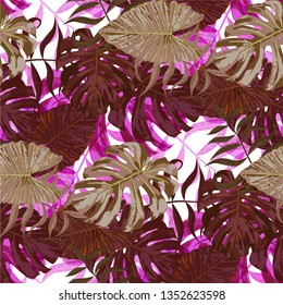 Palm Leaves. Seamless Pattern with Leaves of jungle Trees. Vintage Texture for, Cloth, Underwear, Dress. Bright Leaves of Palm Tree.