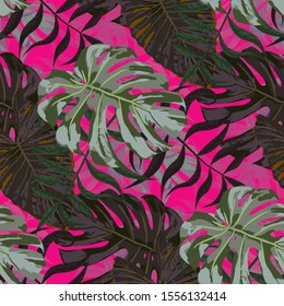 Palm Leaves. Seamless Pattern with Leaves of jungle Trees. Trendy Texture for, Tablecloth, Underwear, Dress. Bright Leaves of Palm Tree.