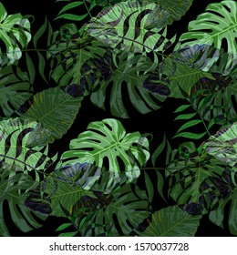 Palm Leaves. Seamless Pattern with Leaves of jungle Trees. Vintage Texture for, Tablecloth, Underwear, Dress. Bright Leaves of Palm Tree.