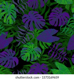 Palm Leaves. Seamless Pattern with Leaves of jungle Trees. Trendy Texture for, Fabric, Curtain, Tablecloth. Bright Leaves of Palm Tree.