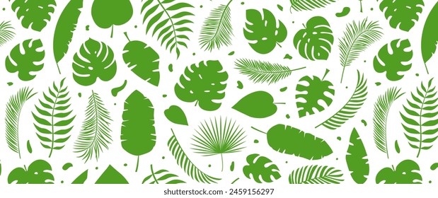 Hojas de palma patrón sin fisuras, fondo tropical de la selva, plátano de verano, mono mono lindo, bosque abstracto hawaii de dibujos animados, adorno de hoja exótica, impresión floral tropical. Ilustración vectorial del follaje