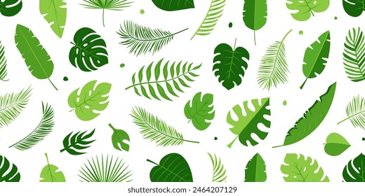 Palm leaves seamless pattern, Jungle tropic leaf background, summer cute plant and tree, cartoon abstract green forest, exotic banana ornament, tropical floral print. Foliage vector illustration