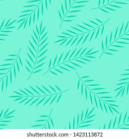 Palm leaves seamless pattern on cyan background. Nature concept. Tropical plant. Vector image