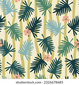 Palm leaves seamless pattern on green striped background. Repeat pattern with palm leave silhouettes and ibiscus flowers. Square design. Vector illustration.