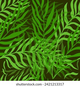 Palm leaves seamless pattern on black background. hand drawing. Not AI. Vector illustration
