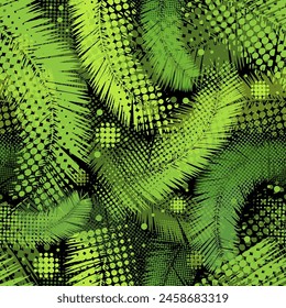 Palm leaves seamless pattern on black background. hand drawing. Not AI. Vector illustration.