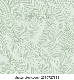 Palm leaves seamless pattern, on blue background, vector in natural color. Design for fabric, print, cover, banner, decoration, wallpaper. Outline minimalistic style, linear.
