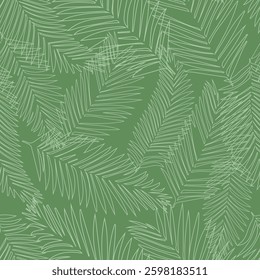 Palm leaves seamless pattern, on green background, vector in natural color. Design for fabric, print, cover, banner, decoration, wallpaper. Outline minimalistic style, linear. 