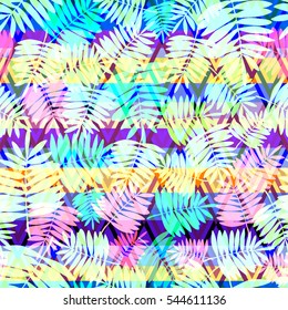 Palm leaves seamless pattern on a geometric floral backgrounds. Vector tropical leafs plants coconut template