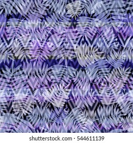 Palm leaves seamless pattern on a geometric floral backgrounds. Vector tropical leafs plants coconut template