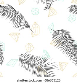 Palm leaves seamless pattern on diamonds background. colorful repeating texture for summer or spring
