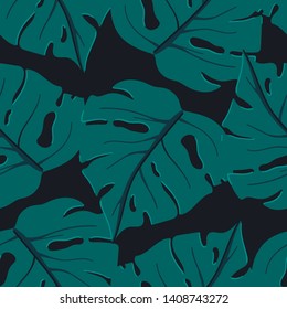 Palm leaves seamless pattern. Summer tropical leaves on black background. Stock vector