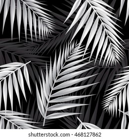 Palm leaves seamless pattern texture on black background. Vector Illustration.