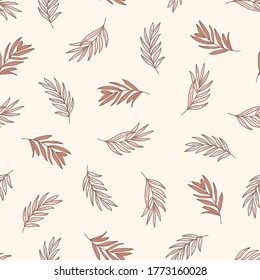 Palm leaves Seamless Pattern in a Trendy Minimal Style. Outline of a Tropical palm Background. Jungle Vector Ornament for printing on fabric, invitation, wrapping, wallpaper and other