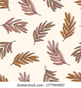 Palm leaves Seamless Pattern in a Trendy Minimal Style. Outline of a Tropical palm Background. Jungle Vector Ornament for printing on fabric, invitation, wrapping, wallpaper and other