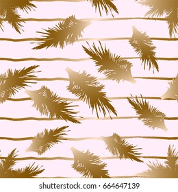 Palm leaves seamless pattern. Trendy tropical striped backdrop in golden. Hand drawn brush texture. Fashion, fabric, wallpaper, invitation, wedding, birthday, wrapping, blog. Vector