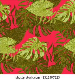 Palm Leaves. Seamless Pattern with Leaves of tropical Trees. Vintage Texture for, Swimwear, Paper, Curtain. Bright Leaves of Palm Tree.