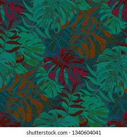 Palm Leaves. Seamless Pattern with Leaves of tropical Trees. Retro Texture for, Underwear, Wallpaper, Cloth. Bright Leaves of Palm Tree.