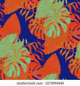 Palm Leaves. Seamless Pattern with Leaves of tropical Trees. Retro Texture for, Cloth, Underwear, Dress. Bright Leaves of Palm Tree.