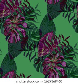 Palm Leaves. Seamless Pattern with Leaves of tropical Trees. Vintage Texture for, Tablecloth, Wallpaper, Swimwear. Bright Leaves of Palm Tree.