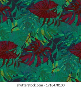 Palm Leaves. Seamless Pattern with Leaves of tropical Trees. Retro Texture for, Tablecloth, Cloth, Wallpaper. Bright Leaves of Palm Tree.