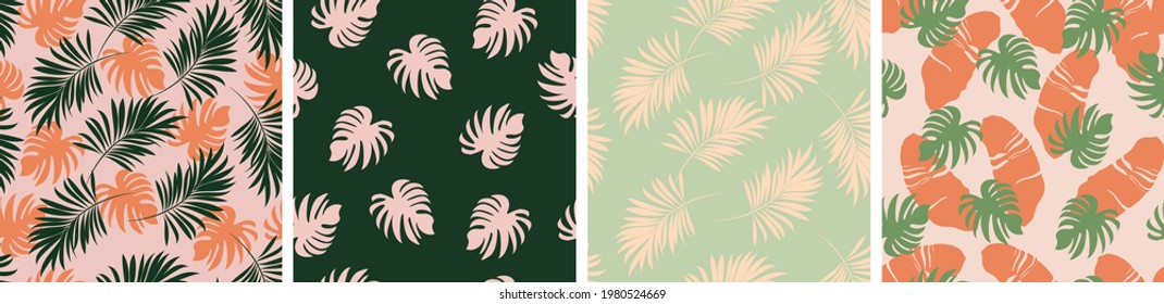 Palm leaves. Seamless pattern with leaves of tropical plants. Vector floral design. Set.