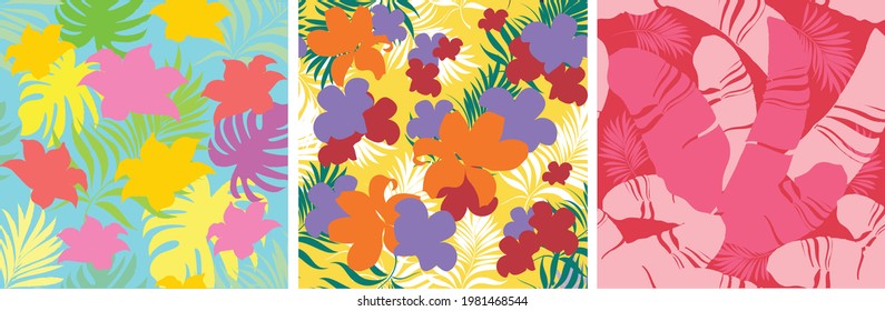 Palm leaves. Seamless pattern with leaves of tropical plants with blooming flowers. Vector floral design. Set. 
