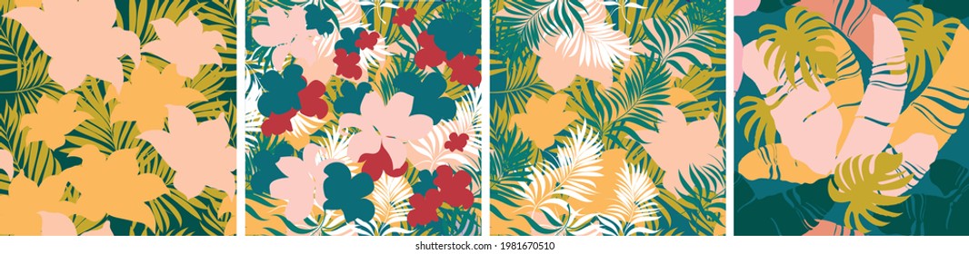 Palm leaves. Seamless pattern with leaves of tropical plants with blooming flowers. Vector floral design. Set. 
