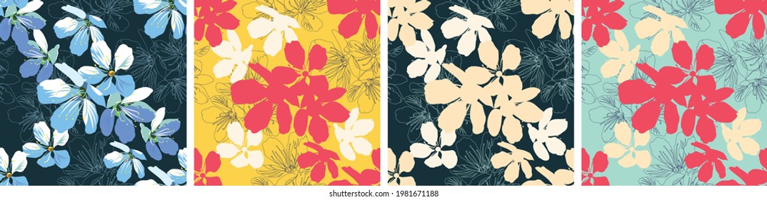 Palm leaves. Seamless pattern with leaves of tropical plants with blooming flowers. Vector floral design. Set. 