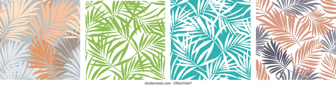 Palm leaves. Seamless pattern with leaves of tropical plants with blooming flowers. Vector floral design. Set. 