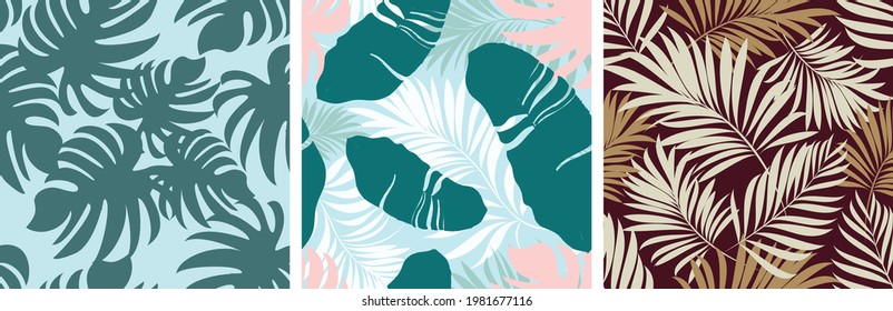 Hojas de palma. Patrón sin foco con hojas de plantas tropicales con flores florecientes. Diseño vectorial floral. Establecer. 