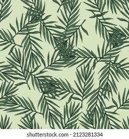 Palm leaves seamless pattern. Tropical branch in engraving style. Hand drawn texture for fabric, wallpaper, textile, print, wrapping paper. Vector illustration.