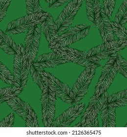 Palm leaves seamless pattern. Tropical branch in engraving style. Hand drawn texture for fabric, wallpaper, textile, print, wrapping paper. Vector illustration.