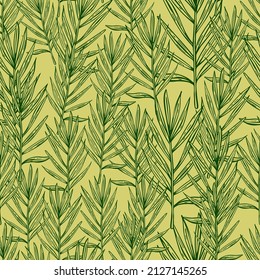 Palm leaves seamless pattern. Tropical branch in engraving style. Hand drawn texture for fabric, wallpaper, textile, print, wrapping paper. Vector illustration.
