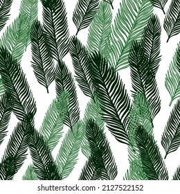 El patrón de las hojas de la palma es transparente. Rama tropical con estilo de grabado. Textura dibujada a mano para tela, papel pintado, textil, papel impreso, papel envolvente. Ilustración vectorial.
