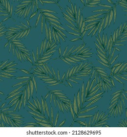 Palm leaves seamless pattern. Tropical branch in engraving style. Hand drawn texture for fabric, wallpaper, textile, print, wrapping paper. Vector illustration.